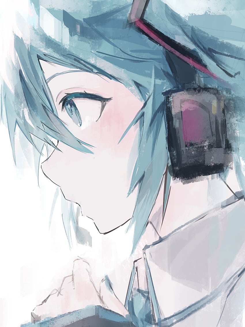 VOCALOID、初音未来 1名女孩 举手 有领衬衫 绿眼 绿发