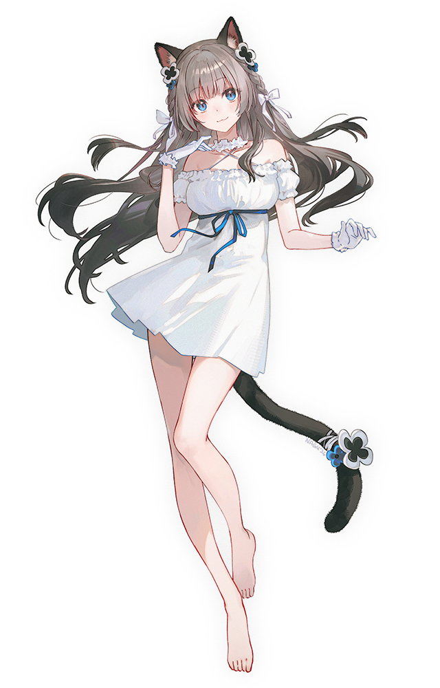 原创 1名女孩 猫脸笑 兽耳 露肩 赤脚
