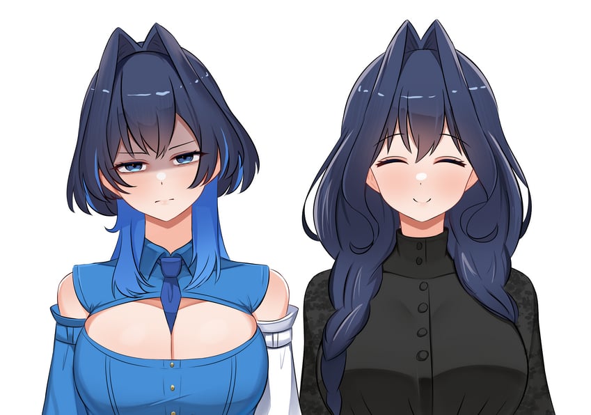 Hololive、Hololive英语、议会 (Kronii) 2名女孩 不对称袖子 乳沟 黑色连衣裙 黑发