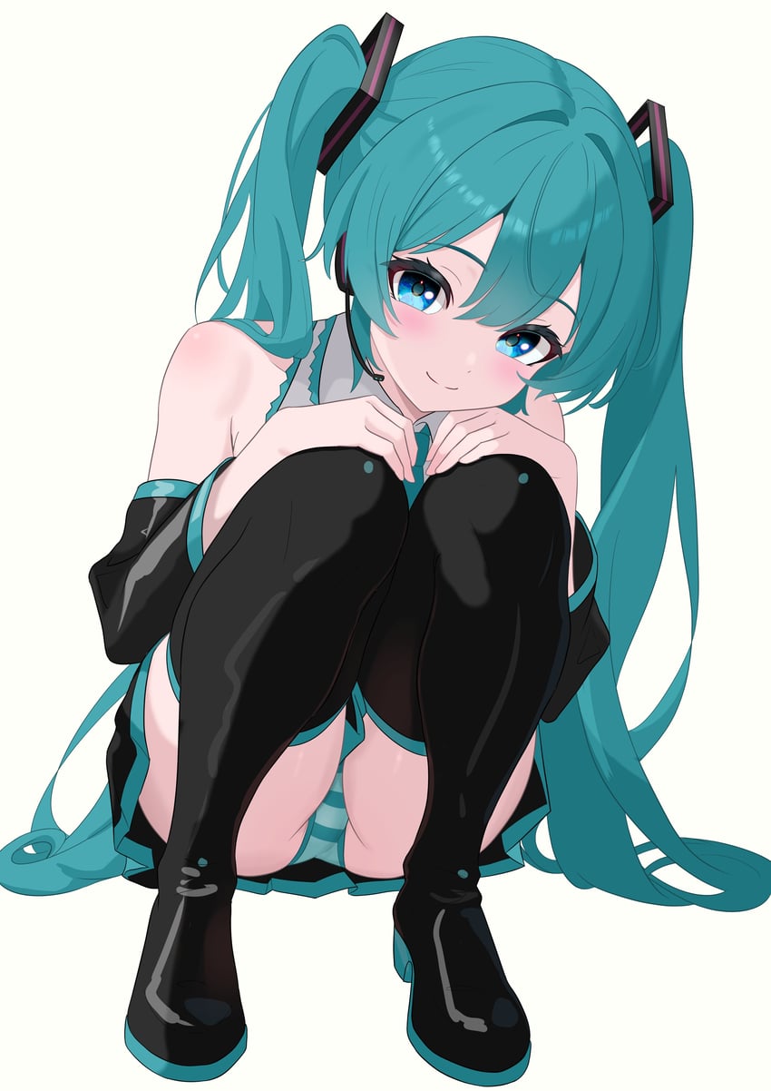 VOCALOID、初音未来 1名女孩 水色瞳 水色发 水蓝色饰边 露肩