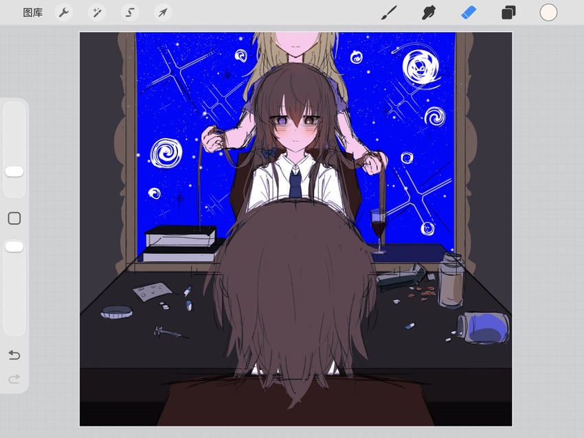 东方Project、玛艾露贝莉·赫恩、宇佐见莲子 2名女孩 呆滞脸 画框中的绘图软件 金发 蓝色蝴蝶结