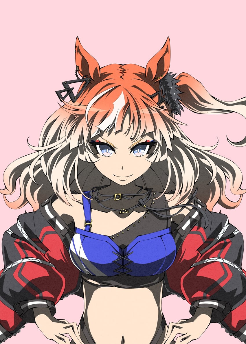 赛马娘、希望之城 (赤红恶魔装备) (赛马娘)、希望之城 (赛马娘) 1名女孩 兽耳 蓝眼 蓝色运动内衣 乳房