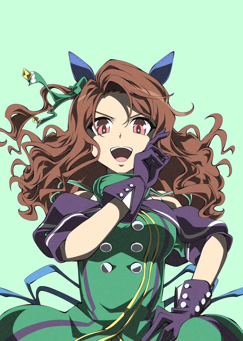 赛马娘、帝王光辉 (翡翠之王) (赛马娘)、帝王光辉 (赛马娘) 1名女孩 兽耳 黑色手套 蝴蝶结 乳房
