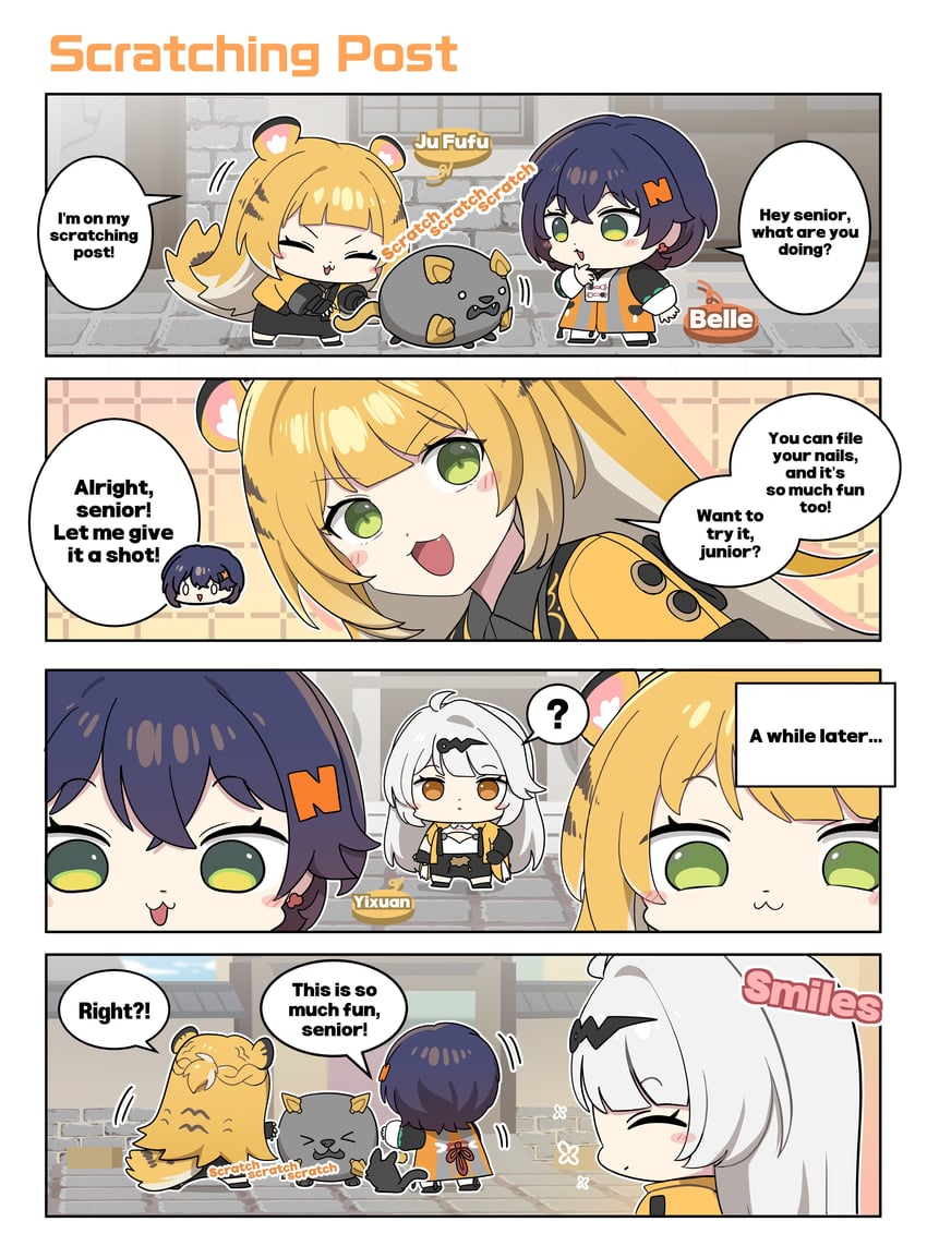 绝区零、铃 (细语晨曦) (绝区零)、铃 (绝区零) 3人女子 四格漫画 猫脸笑 :D 黑色短裤