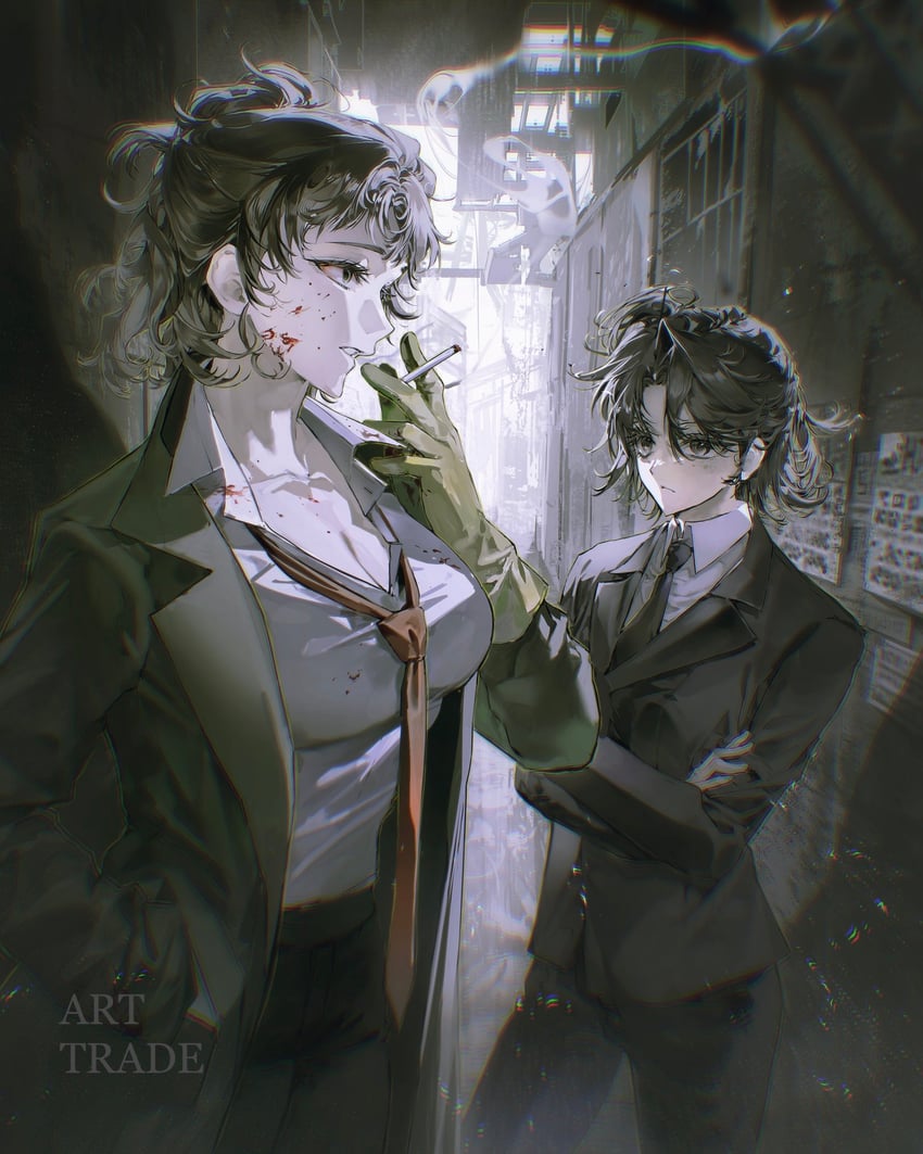 原创 2名女孩 黑瞳 黑发 黑色西装 香烟