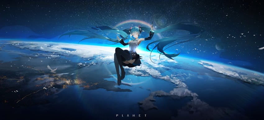 VOCALOID、初音未来 1名女孩 大气层 黑色裙子 黑色袖子 黑色过膝袜