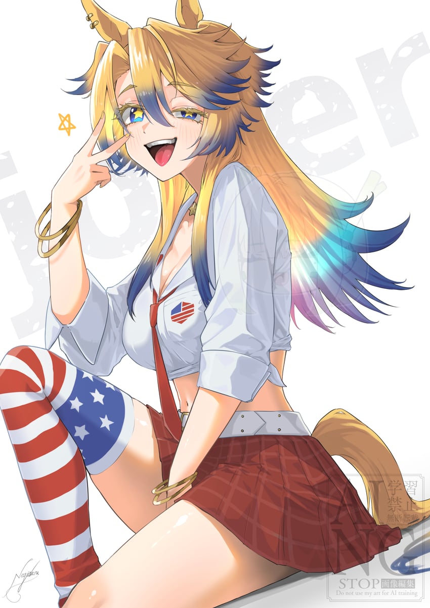赛马娘、赛马娘：芦毛灰姑娘、服从你的主人 (赛马娘) 1名女孩 美国国旗 星条旗腿袜 美国国旗印花 兽耳