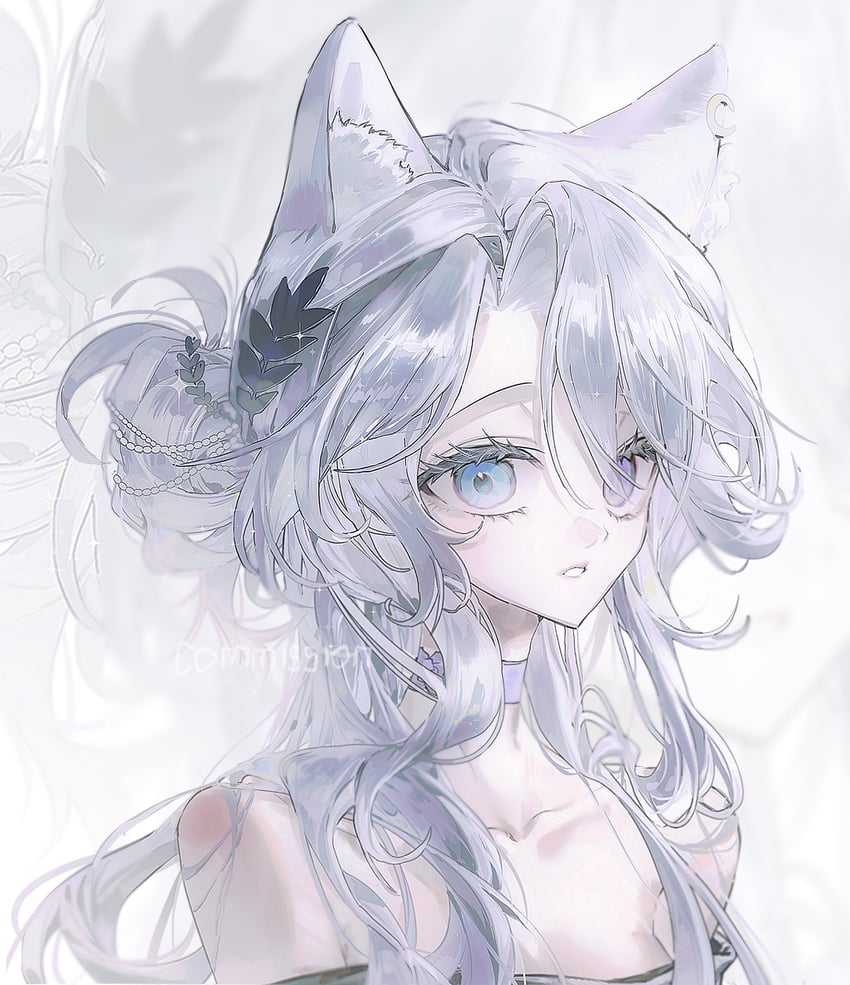 二次元插画 1名女孩 兽耳 蓝眼 猫耳 发髻