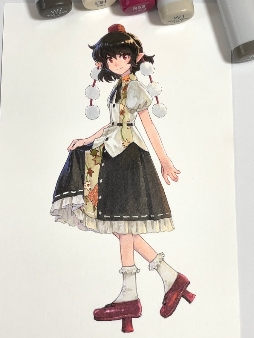 东方Project、射命丸文 1名女孩 画面内含画具 黑色丝带 黑色裙子 棕发