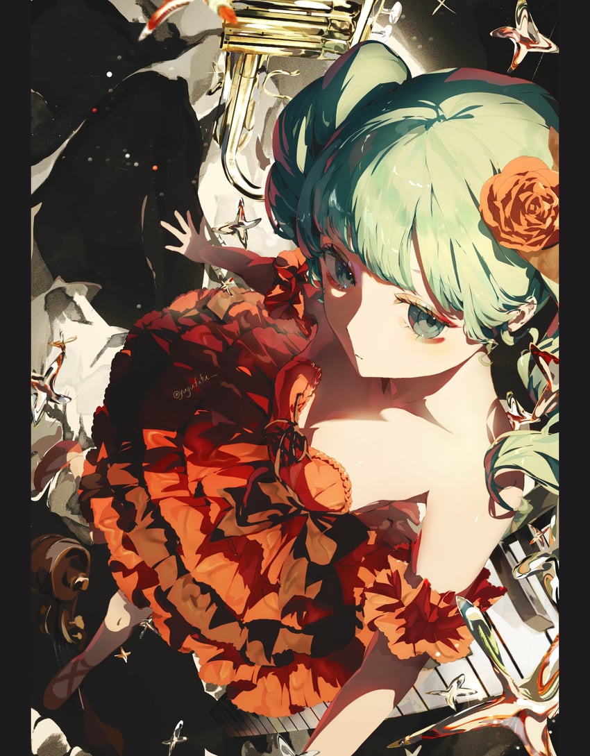 骸骨乐团与莉莉亚 (Vocaloid)、VOCALOID、初音未来 1名女孩 水色瞳 水色发 作者名 露肩
