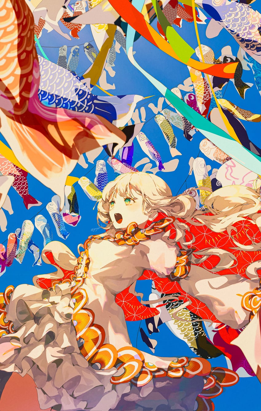 原创 1名女孩 作者名 金发 蓝色背景 晾衣绳
