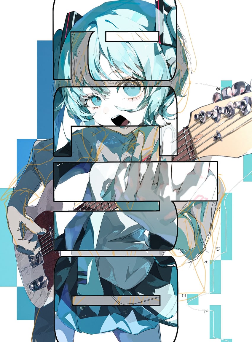 VOCALOID、初音未来 1名女孩 水色瞳 水色发 水蓝色领带 电吉他