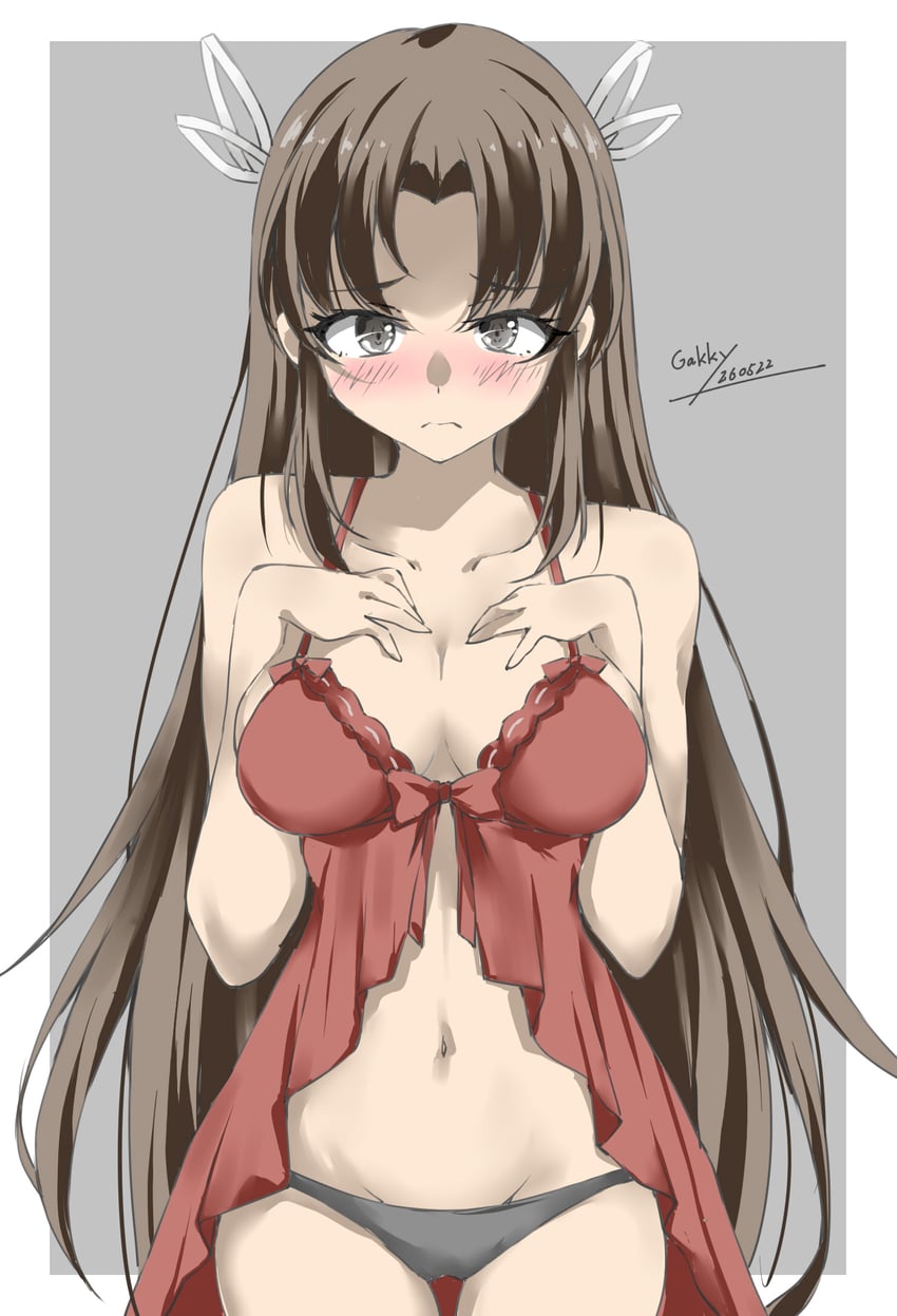 舰队Collection、飞鹰 (舰队收藏) 1名女孩 娃娃装睡衣 黑发 乳房 棕眼睛