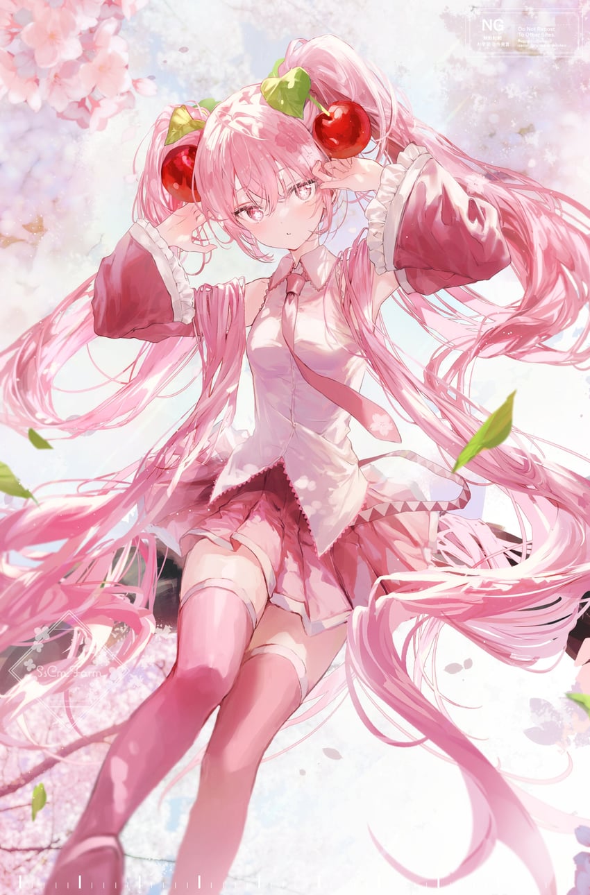 VOCALOID、初音未来、樱花未来 1名女孩 举起双手 作者名 模糊 模糊前景