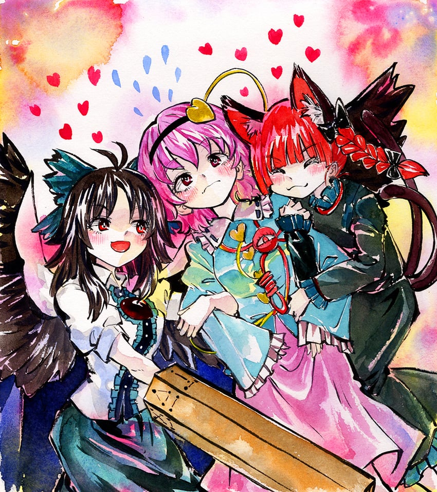 东方Project、火焰猫燐、古明地觉 3人女子 兽耳毛 兽耳 手臂炮 鸟翼