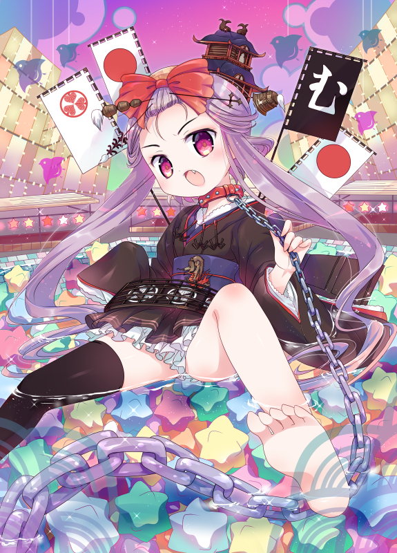 萌! 辞典、原创 1名女孩 赤脚 铃铛 鸟 黑色和服
