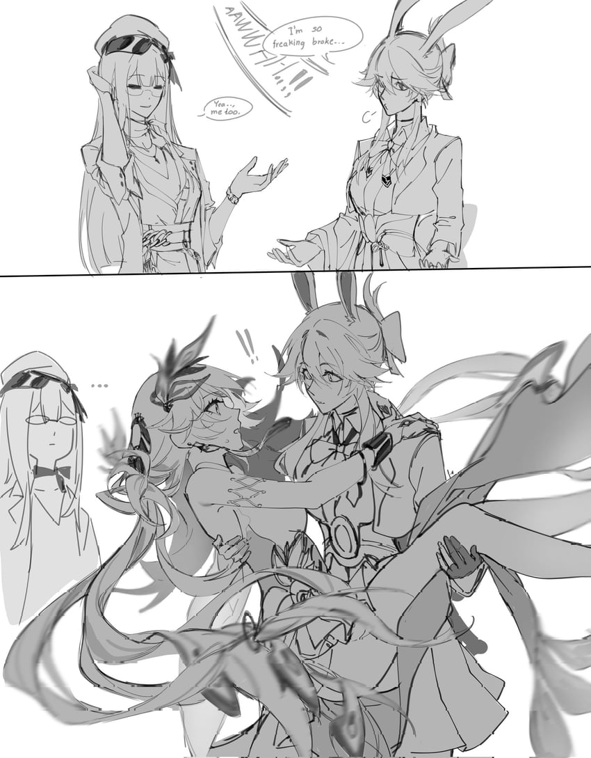 崩坏：星穹铁道、崩坏系列、埃瓦内茜卡（崩坏：星穹铁道） 两格漫画 3人女子 兽耳 臂环 蝴蝶结