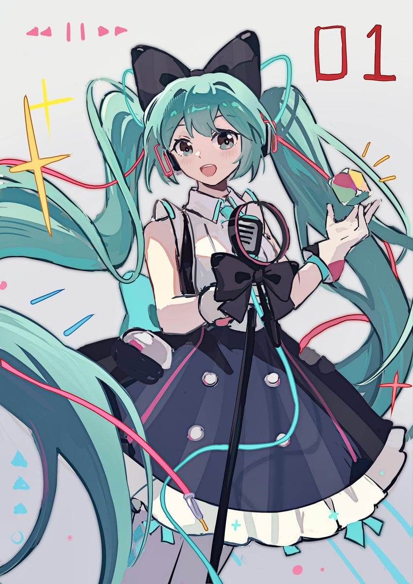 魔法未来(Vocaloid)、VOCALOID、初音未来 1名女孩 水色瞳 水色发 水蓝色领带 蝴蝶结