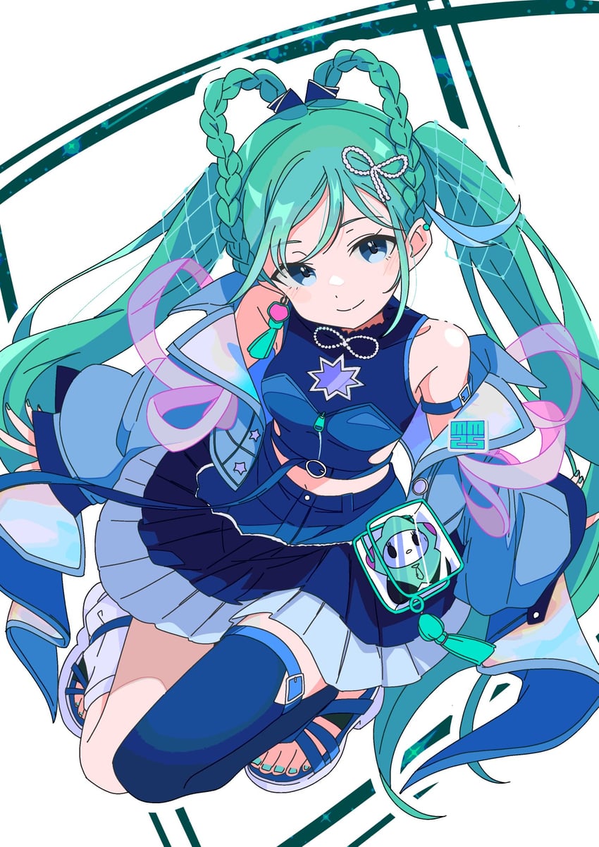 魔法未来(Vocaloid)、VOCALOID、初音未来 1名女孩 露肩 蓝裙子 乳房 耳环