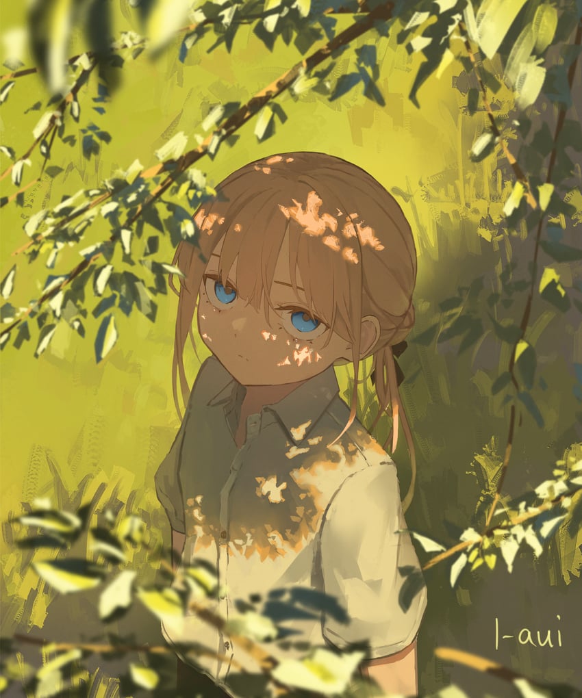 原创 1名女孩 黑色丝带 金发 蓝眼 树枝