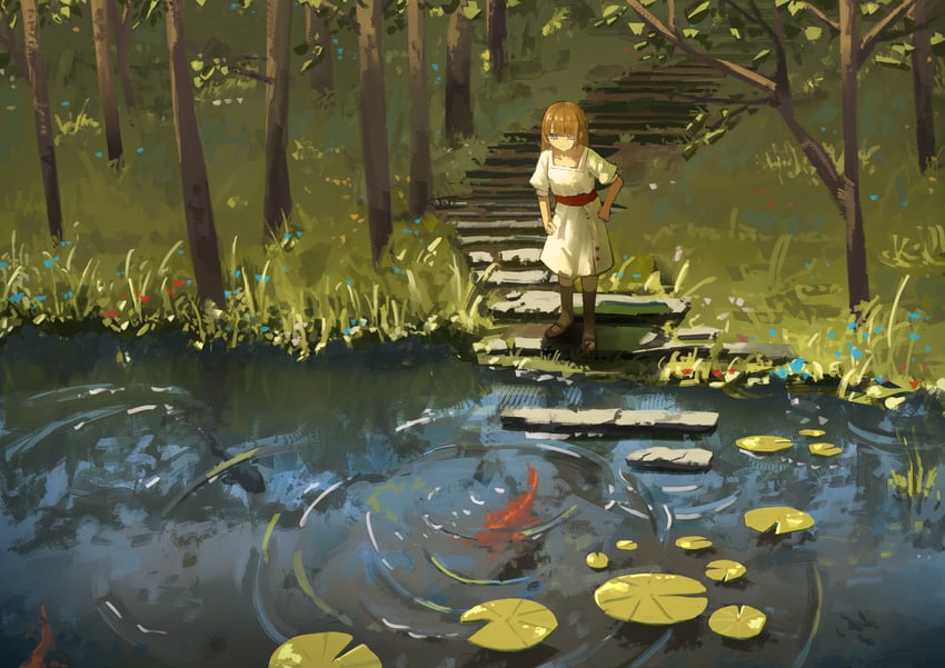 原创 1名女孩 黑鞋 金发 蓝眼 蓝花