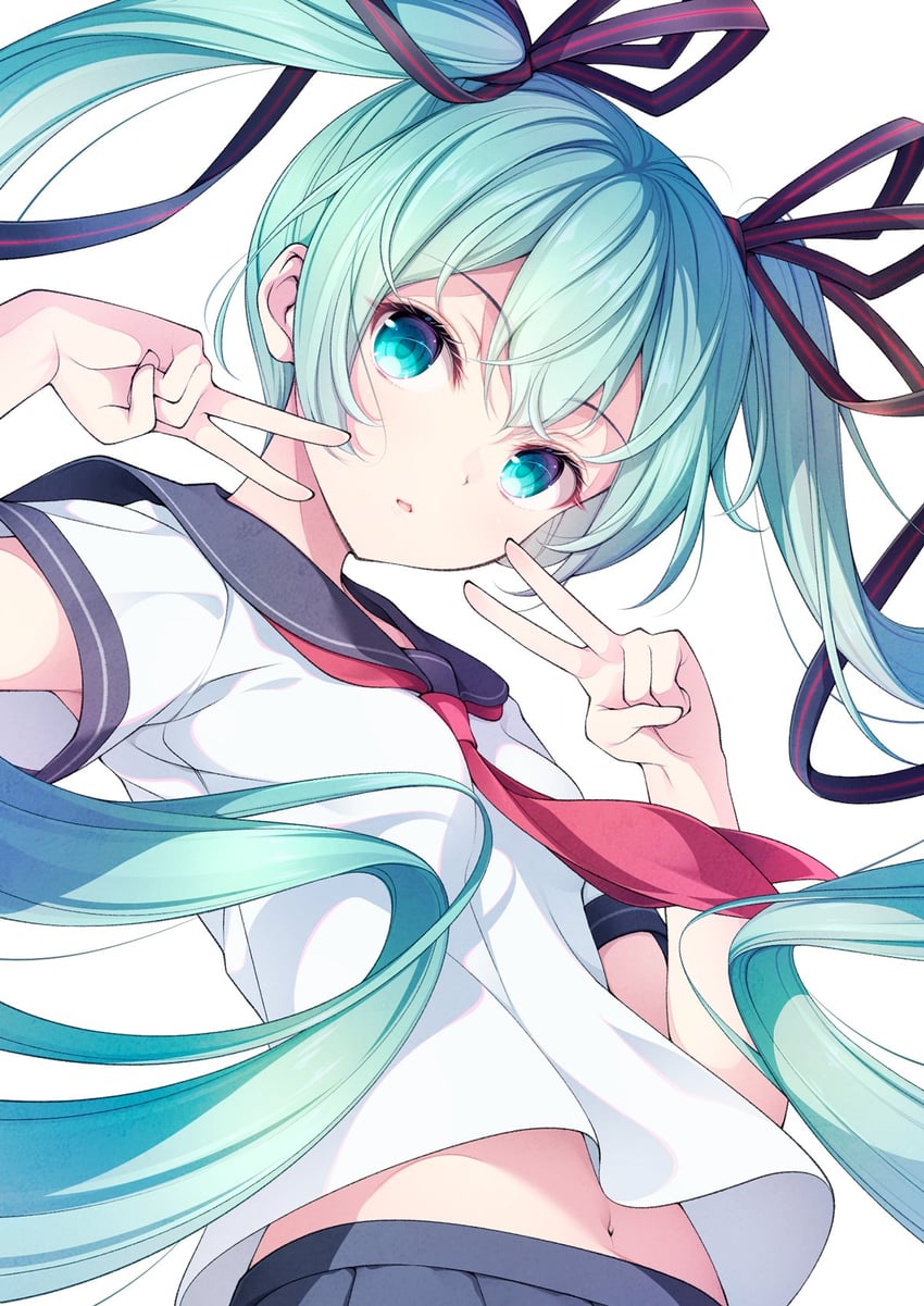 VOCALOID、初音未来 1名女孩 替换服装 水色瞳 水色发 黑色丝带