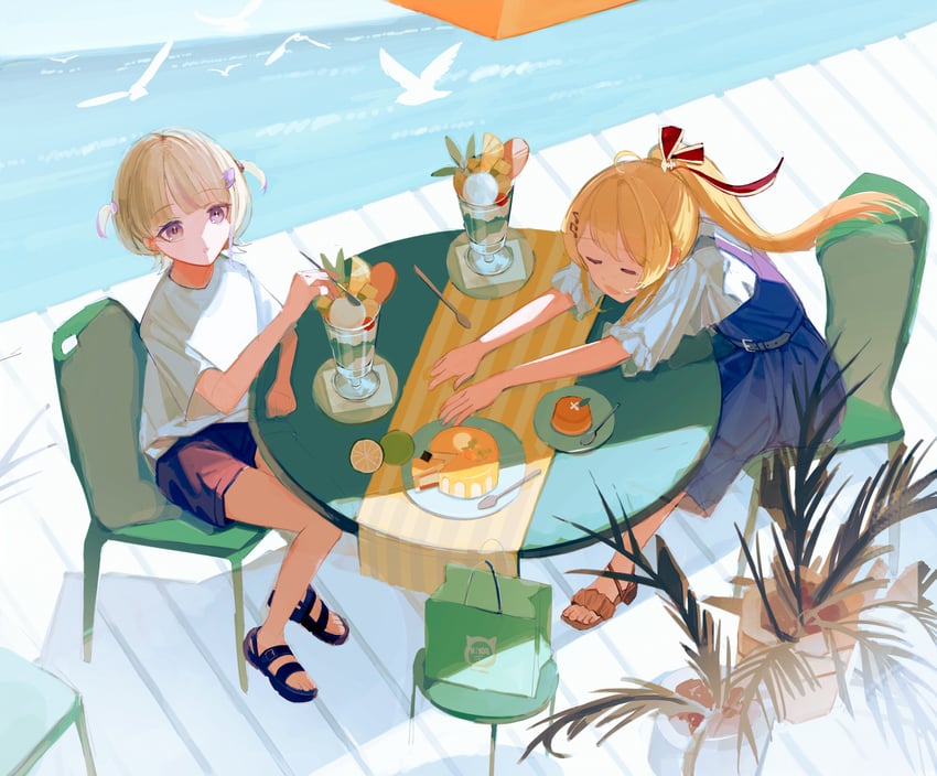 Hololive、hololive DEV_IS、音乃濑奏 2名女孩 胳膊放在桌上 包 腰带 鸟