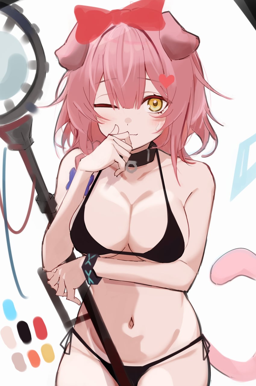明日方舟、澄闪 (明日方舟) 1名女孩 兽耳 手臂托在乳房下 比基尼 黑色比基尼