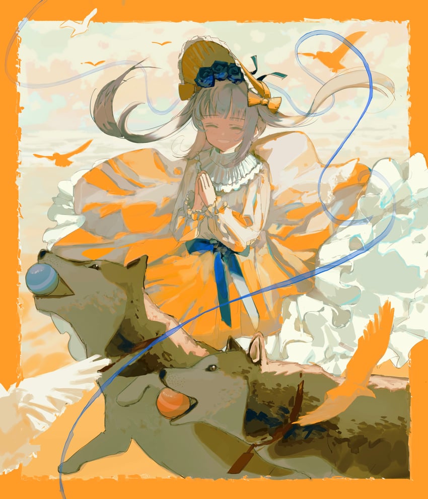 原创 1名女孩 动物项圈 球 口衔球 鸟