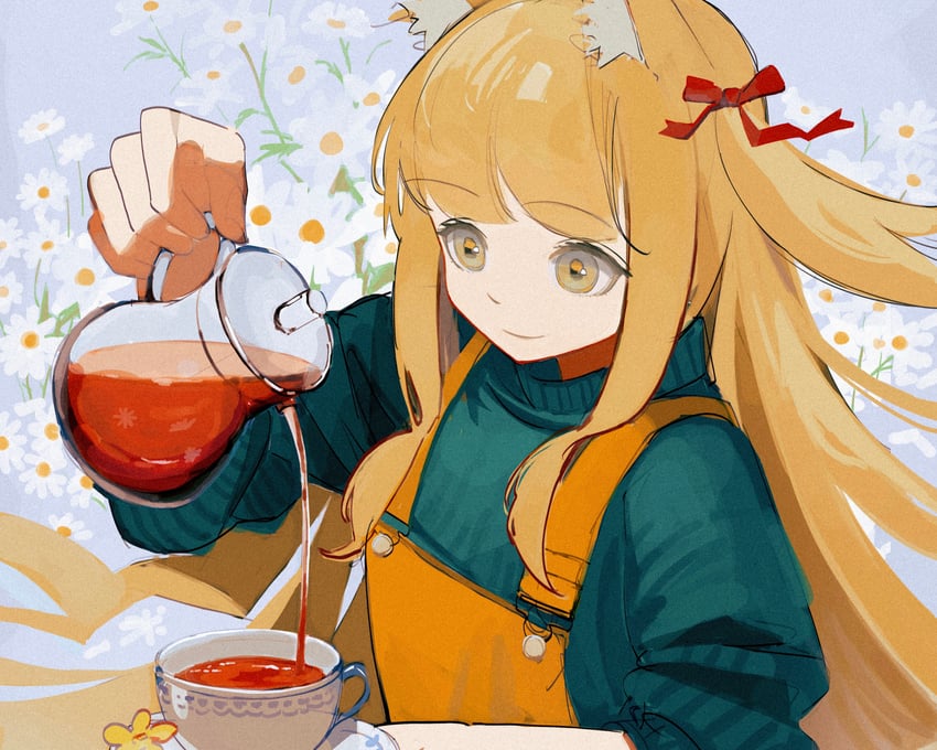 原创 1名女孩 兽耳毛 兽耳 围裙 红茶