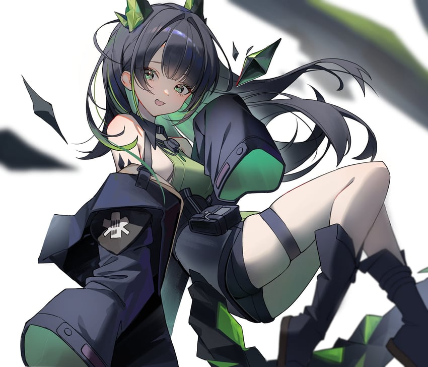 明日方舟、Mon3tr (明日方舟) 1名女孩 露肩 黑色靴子 黑发 靴子