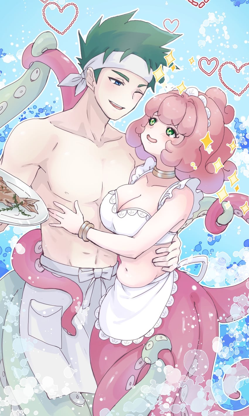 原创 1名男孩 1名女孩 气泡 围裙 搂着他人的腰