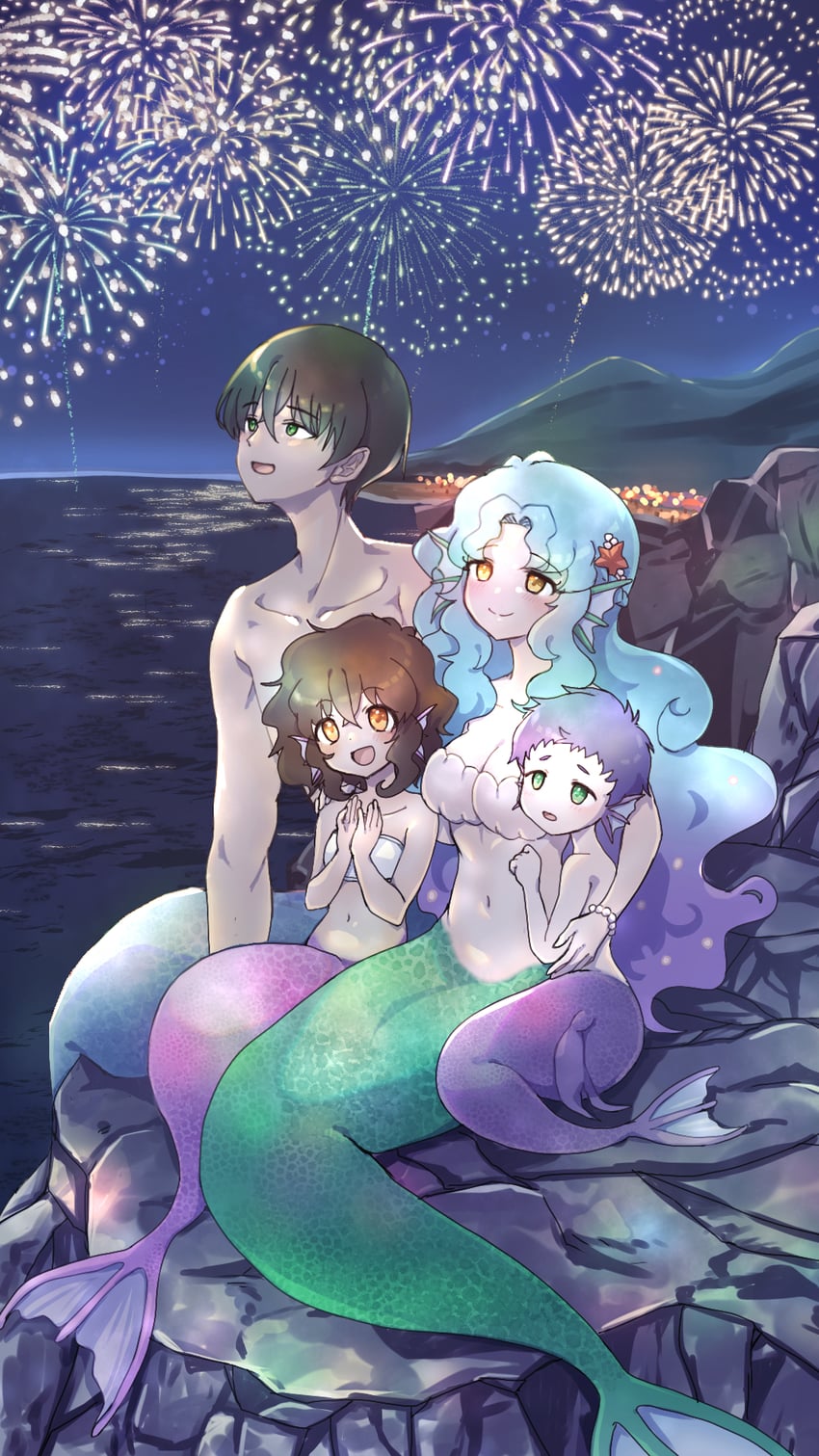 原创、美奈 (komena)、凑 (komena) 2个男孩 2名女孩 烟花 搂着他人的腰 抹胸