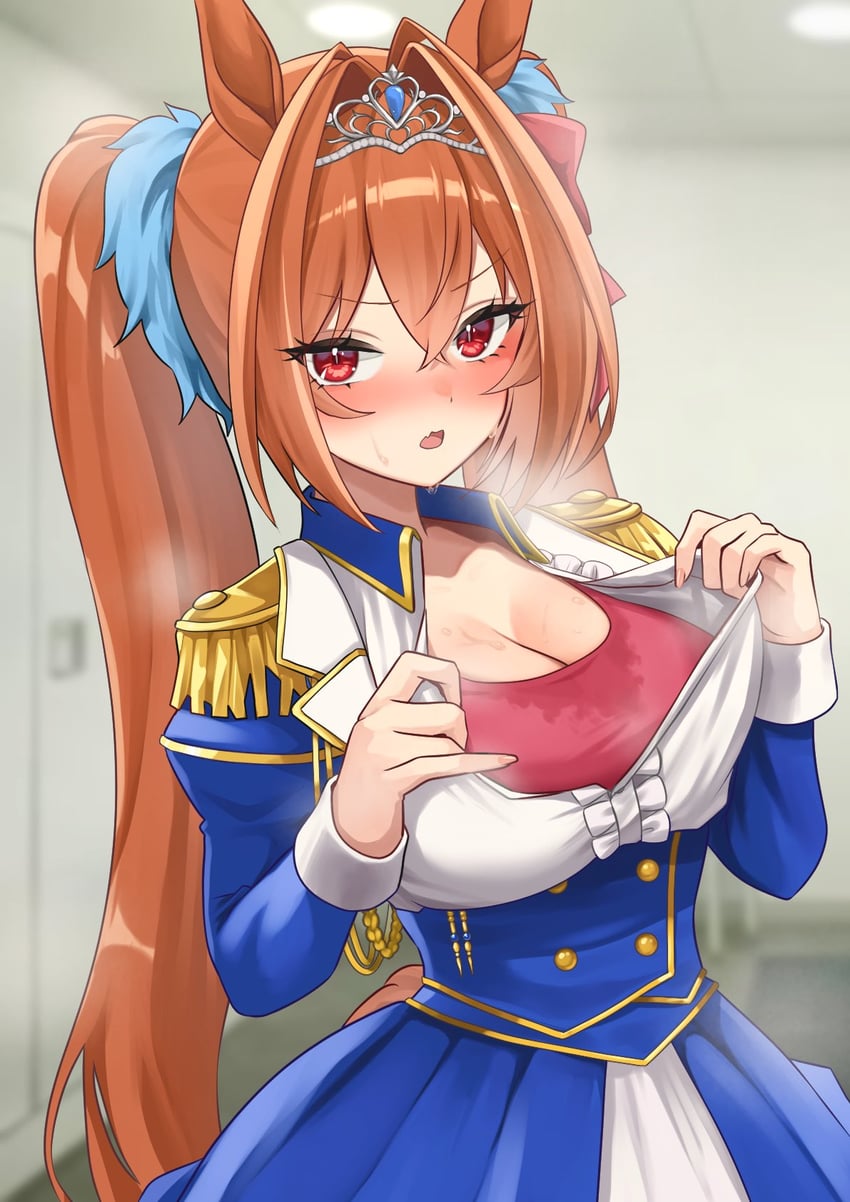 赛马娘、大和赤骥 (巅峰蓝) (赛马娘)、大和赤骥 (赛马娘) 1名女孩 兽耳 呆毛 蓝色连衣裙 脸红