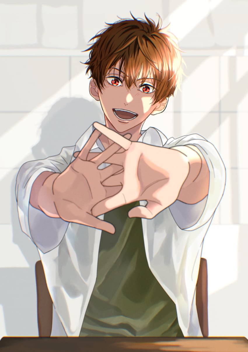 Free!、桐嶋夏也 1名男孩 棕发 绿衬衫 十指紧扣 层叠穿搭