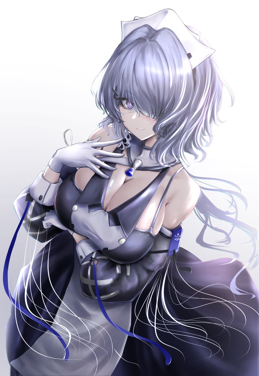 明日方舟、絮雨 (明日方舟) 1名女孩 手臂托在乳房下 露肩 黑色连衣裙 乳房