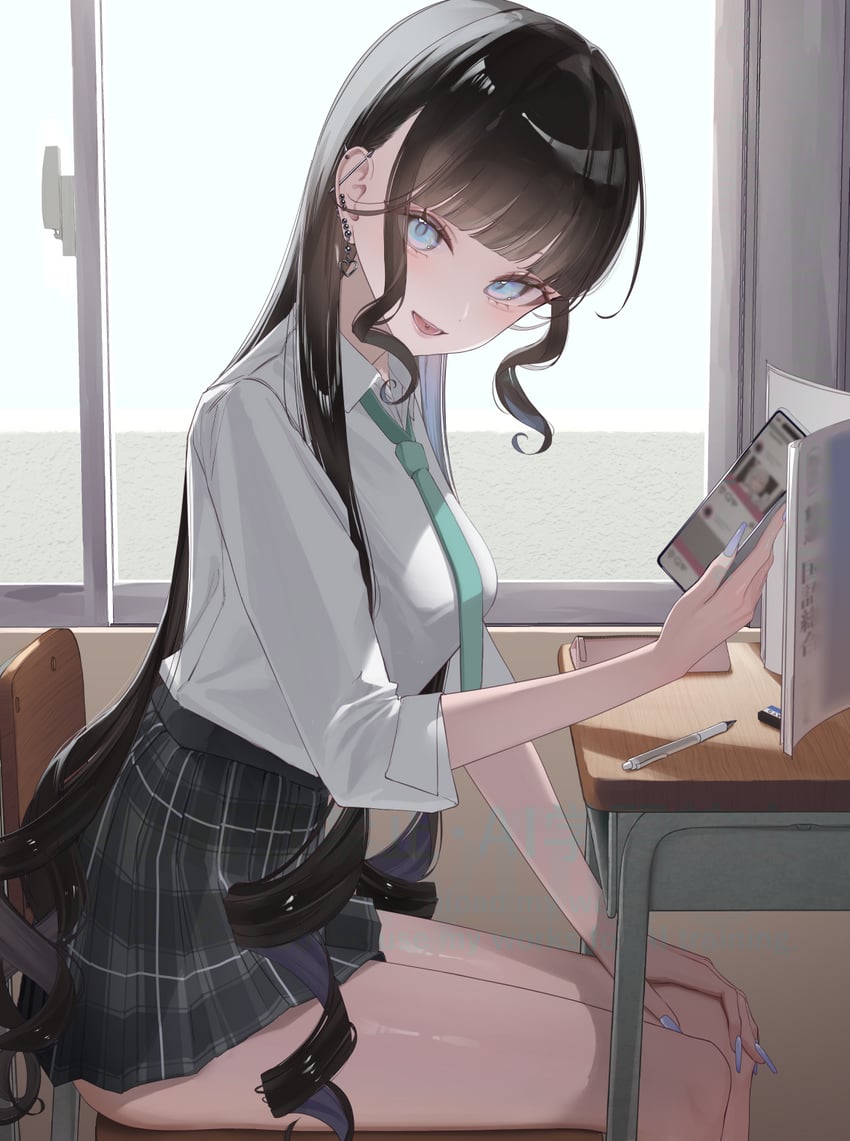 原创 1名女孩 黑发 黑色裙子 蓝眼 蓝色指甲