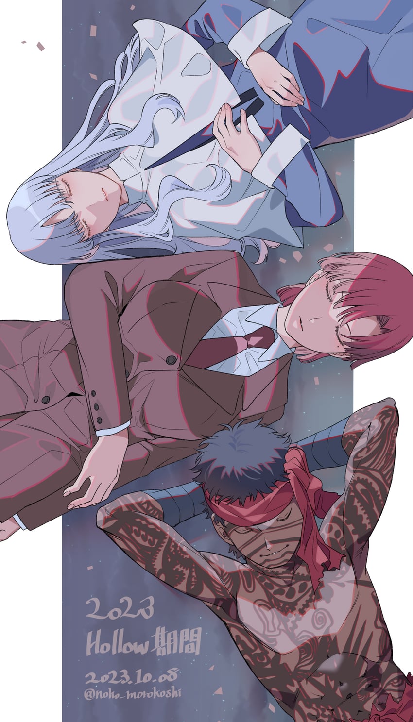Fate/hollow ataraxia、Fate系列、安哥拉·曼纽（Fate） 1名男孩 2名女孩 手臂托在乳房下 双手抱头 包扎的手臂