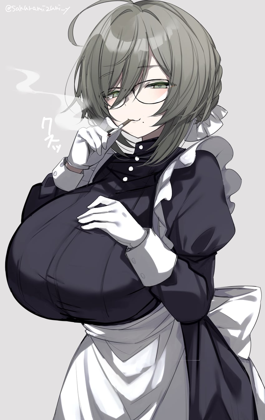 原创 1名女孩 呆毛 围裙 黑色连衣裙 乳房