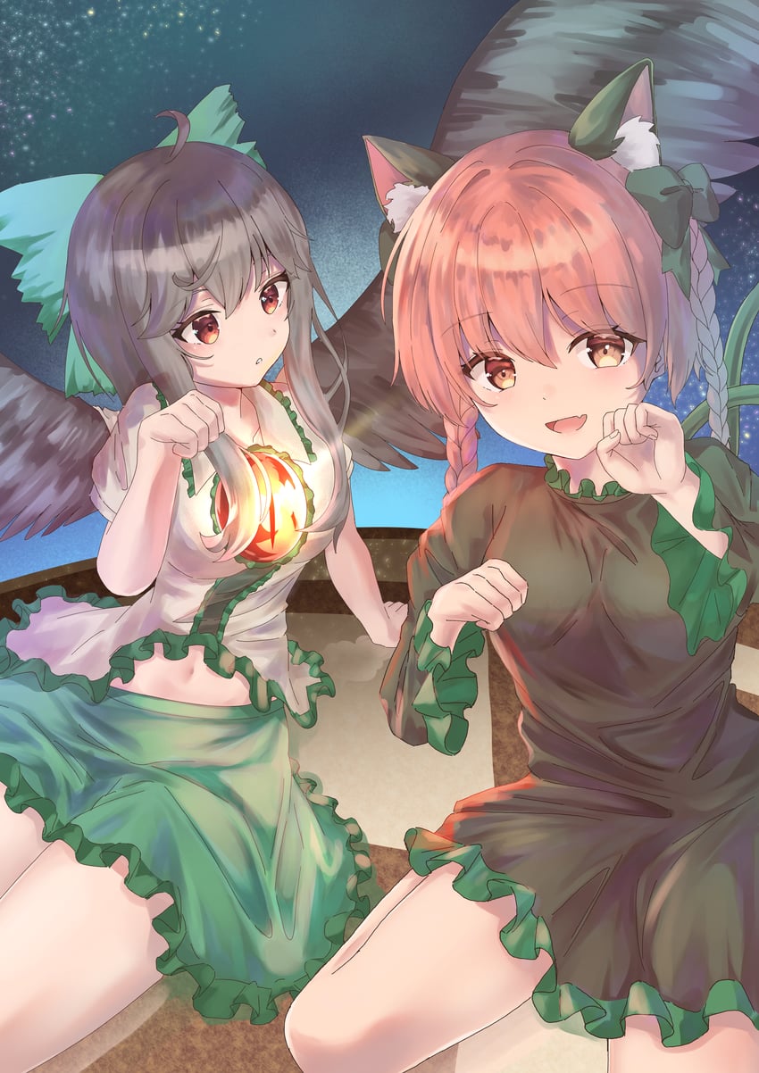 东方Project、火焰猫燐、灵乌路空 2名女孩 :D 呆毛 兽耳毛 兽耳