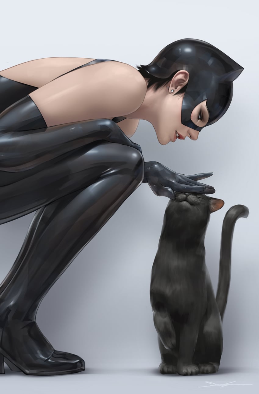 蝙蝠侠系列、DC漫画、猫女 1名女孩 动物 黑色连体衣 黑猫 黑色手套