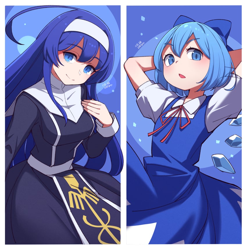 东方Project、夜下诞生、琪露诺 2名女孩 呆毛 双手抱头 黑色连衣裙 蓝色背景