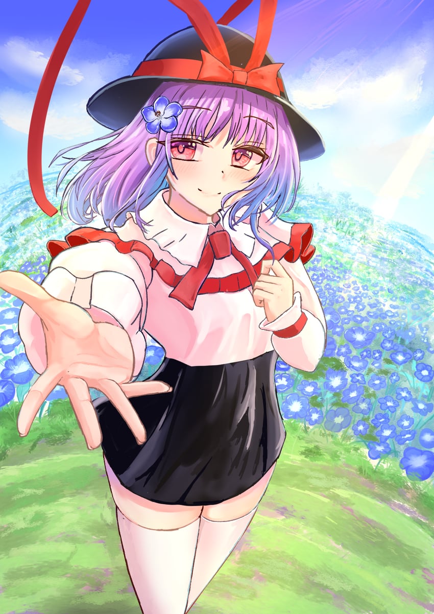 东方Project、永江衣玖 1名女孩 黑帽子 黑色裙子 蓝花 蝴蝶结