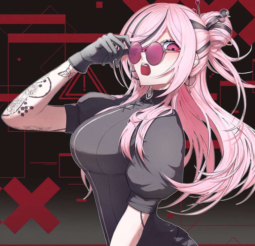 Hololive、Hololive英语、森美声 1名女孩 手臂纹身 黑色手套 黑发 乳房