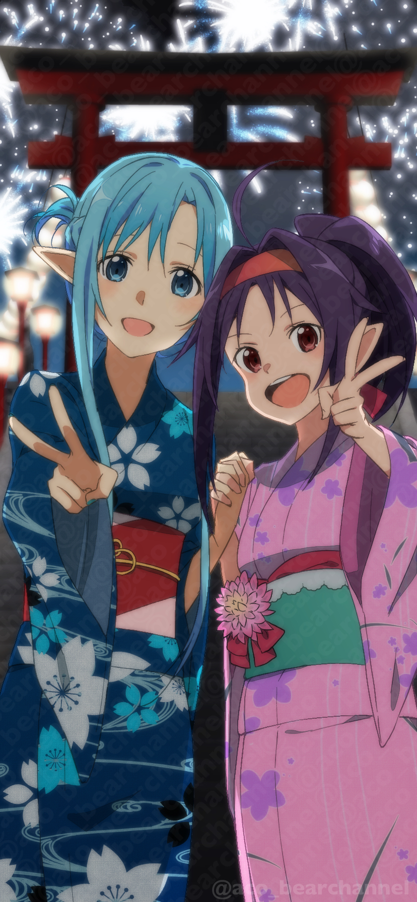 刀剑神域、亚丝娜 (刀剑神域)、亚丝娜 (刀剑神域-ALO) 2名女孩 :D 烟花 呆毛 替代乳量 (变小)