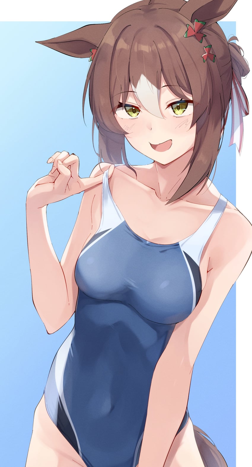 赛马娘、美妙姿势 (赛马娘) 1名女孩 兽耳 裸臂 露肩 蓝色连体泳衣