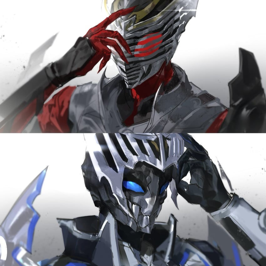 假面骑士、假面骑士龙骑 (系列)、假面骑士Knight 2个男孩 铠甲 渐变背景 举手 头盔