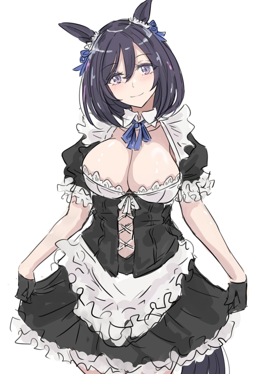 赛马娘、荣进闪耀(赛马娘) 1名女孩 兽耳 围裙 黑色紧身胸衣 黑色连衣裙
