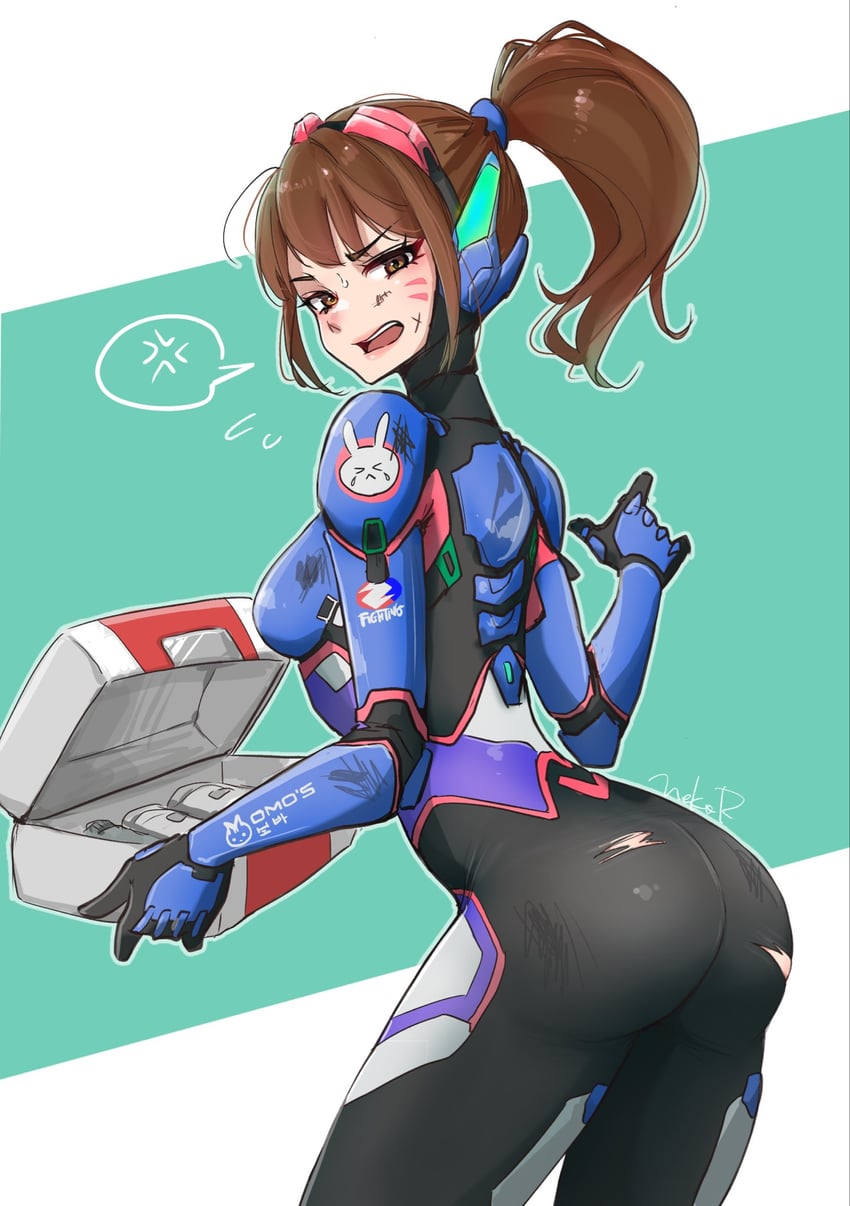 守望先锋、D.Va (守望先锋) 1名女孩 青筋 屁股 黑色连体衣 蓝紧身衣