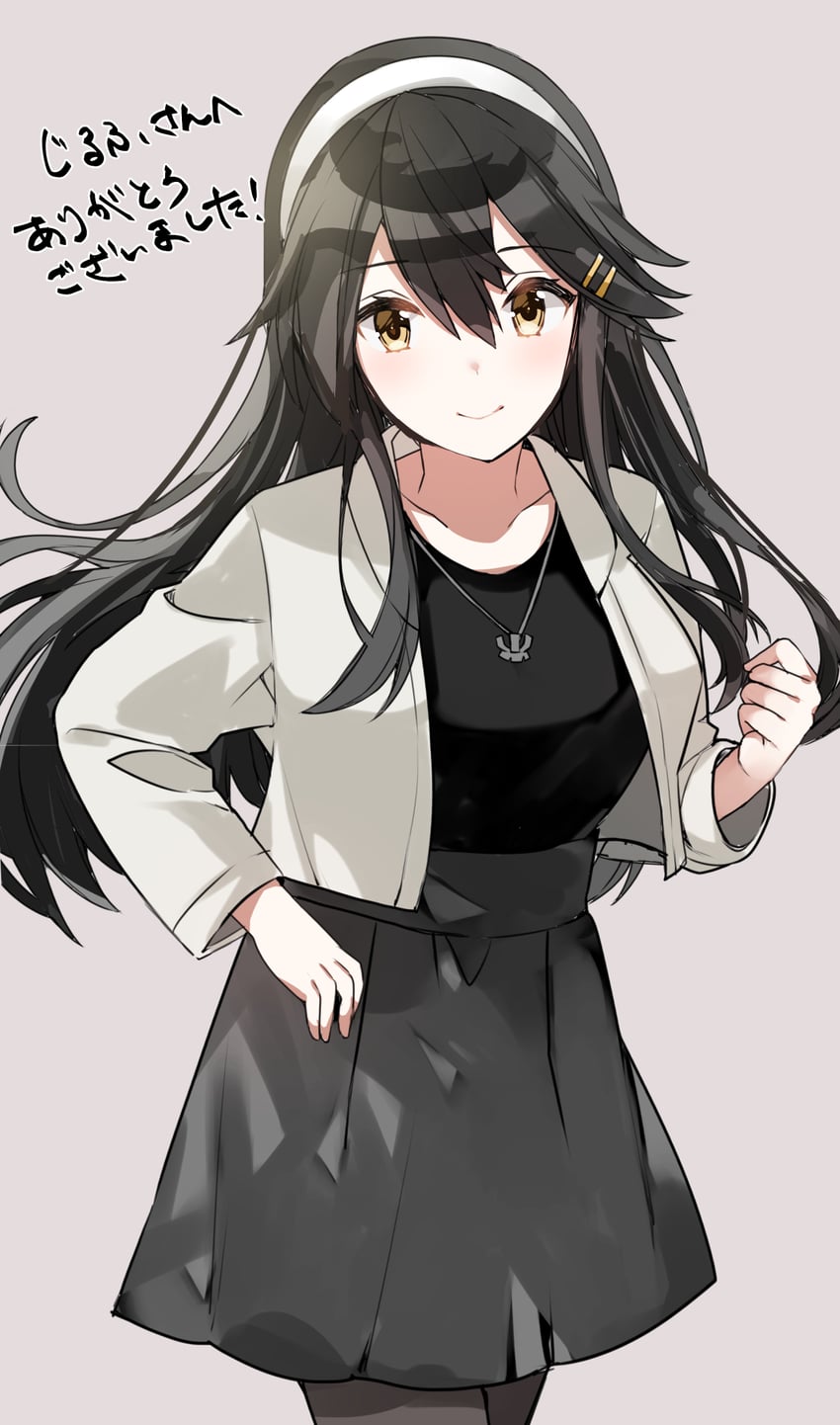 舰队Collection、榛名 (舰队Collection)、榛名 (三越) (舰队收藏) 1名女孩 黑发 黑色连裤袜 黑衬衫 乳房